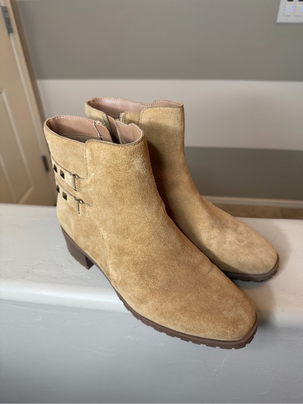 Anne Klein Caleb Suede Ankle Booties in Beige Tan